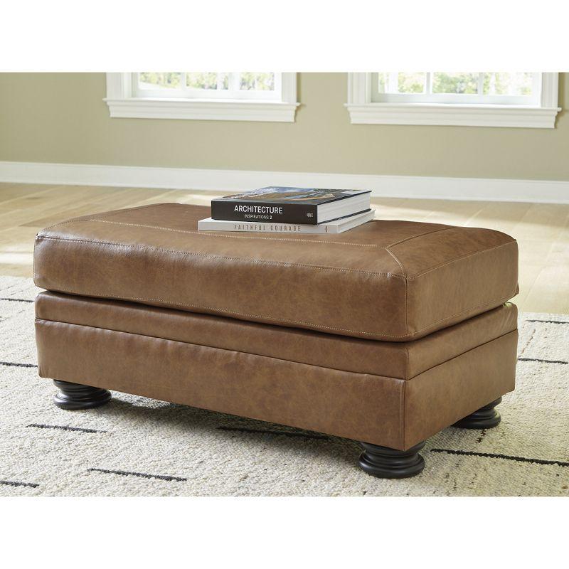 Traditional Caramel Brown Leather Ottoman with Turned Legs