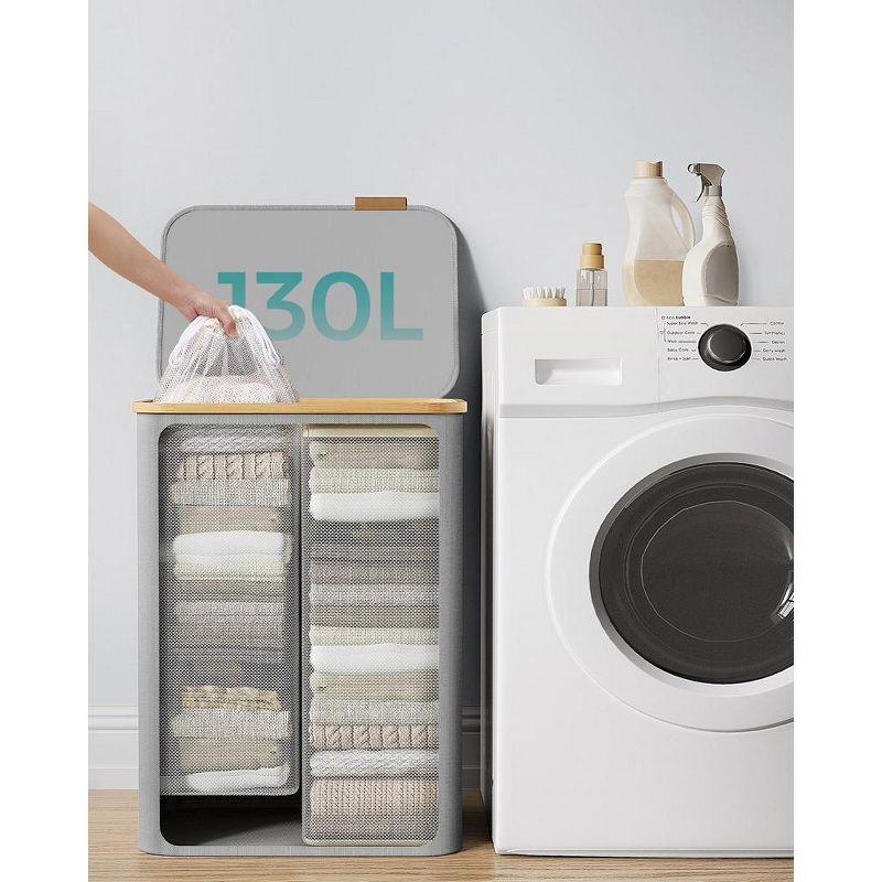 SONGMICS Laundry Hamper with Lid, 2-Section Large Laundry Basket, 34.3-gallon (130L), Removable Mesh Liner, Bamboo Handles, Collapsible, Dove Gray