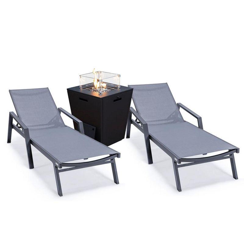 LeisureMod Marlin Patio Lounge Chairs with Arms and Fire Pit Side Table - Black Trim, Set of 2 in Dark Grey