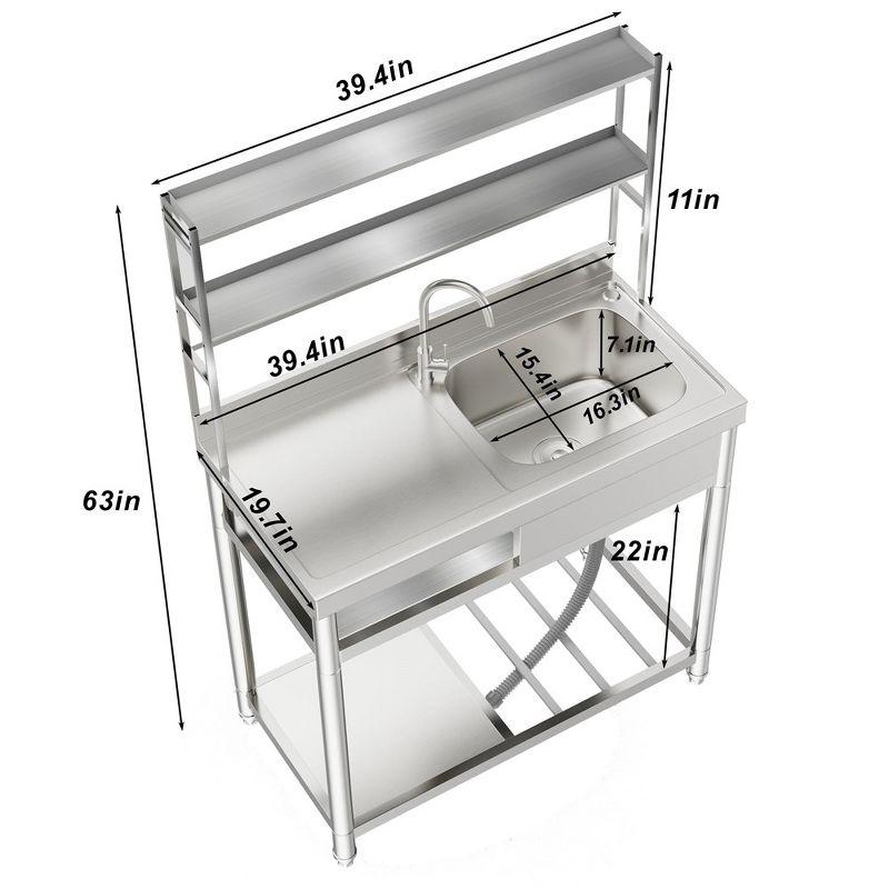 39.4 in. D x 19.7 in. W x 63 in. H Freestanding Laundry/Utility Sink Silver Kitchen Sink with Right Bowl