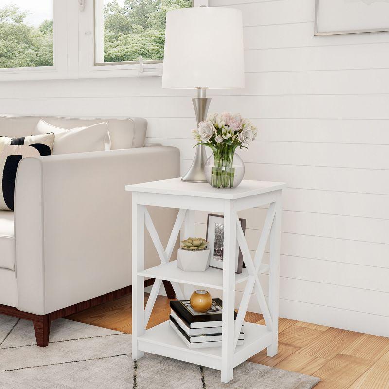 Lavish Home End Table with 2 Shelves and X-Leg Design, White
