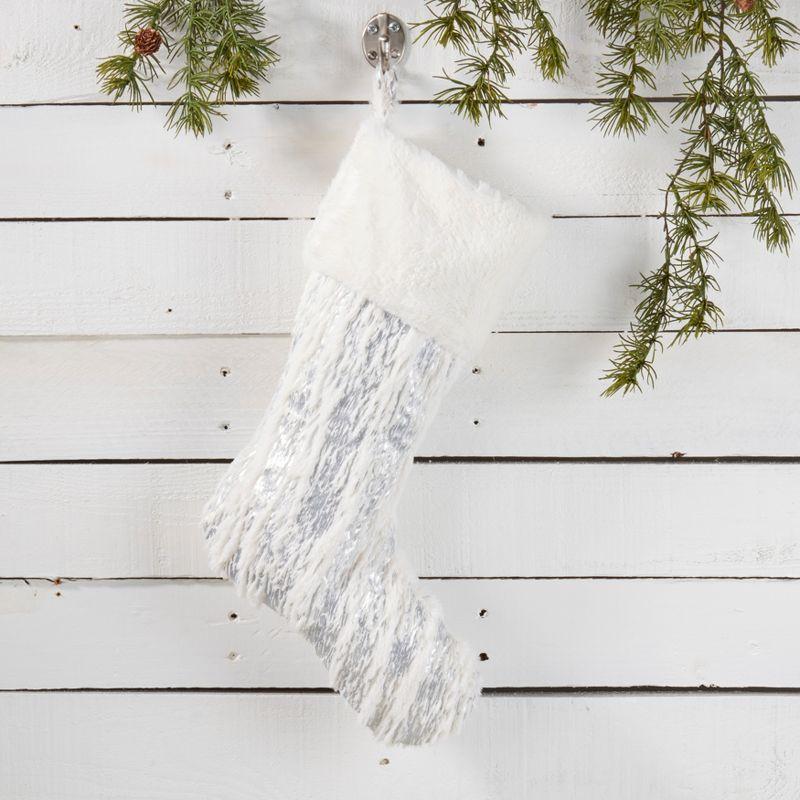 Silver and White Faux Fur Christmas Stocking with Metallic Print