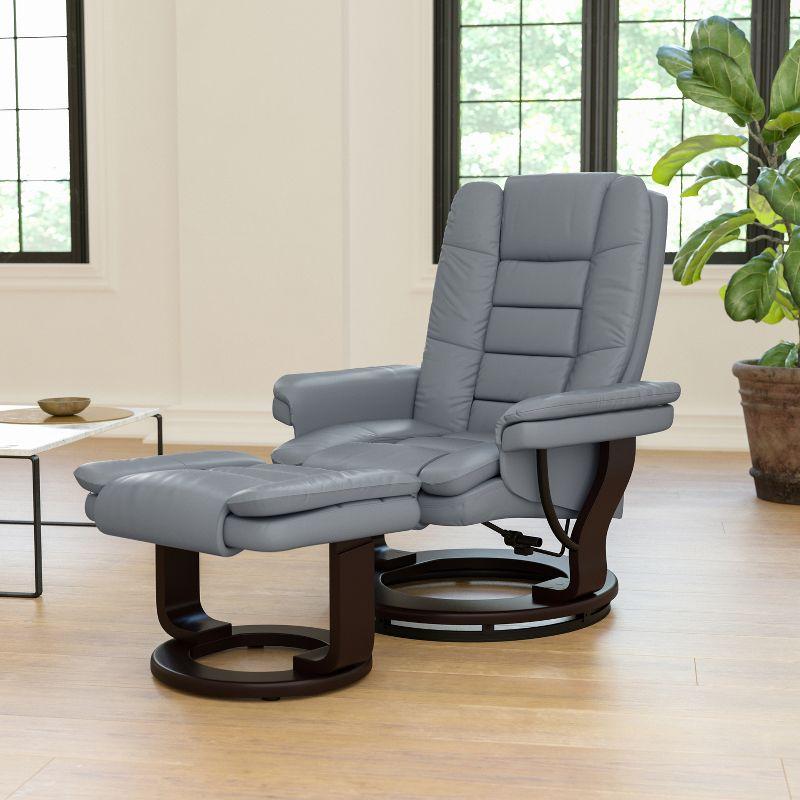 Flash Furniture Bali Contemporary Multi-Position Recliner with Horizontal Stitching and Ottoman with Swivel Mahogany Wood Base in Gray LeatherSoft