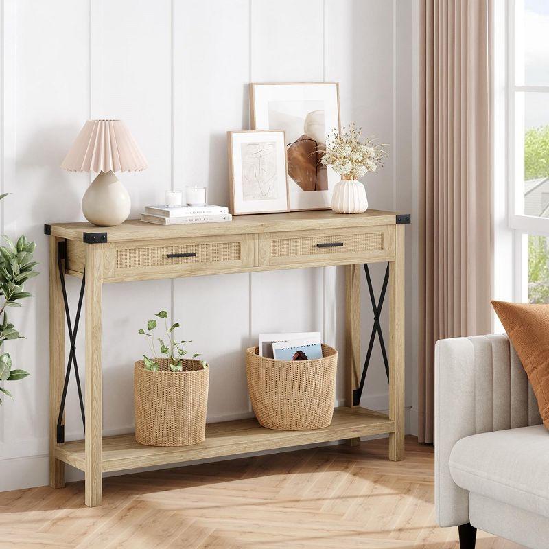 Farmhouse Light Brown Wood Console Table with Rattan Drawers