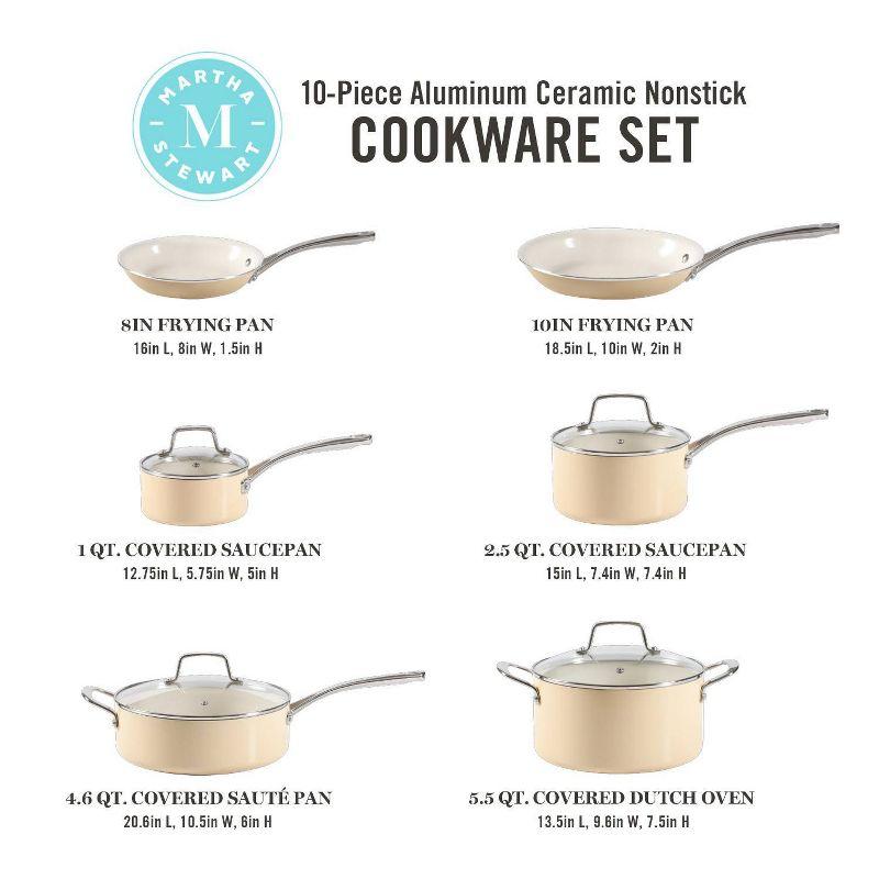 Martha Stewart 10pc Lockton Ceramic Interior Cookware Set Butter Cream: Skillets, Sauce & Fry Pans, Gas & Induction Compatible