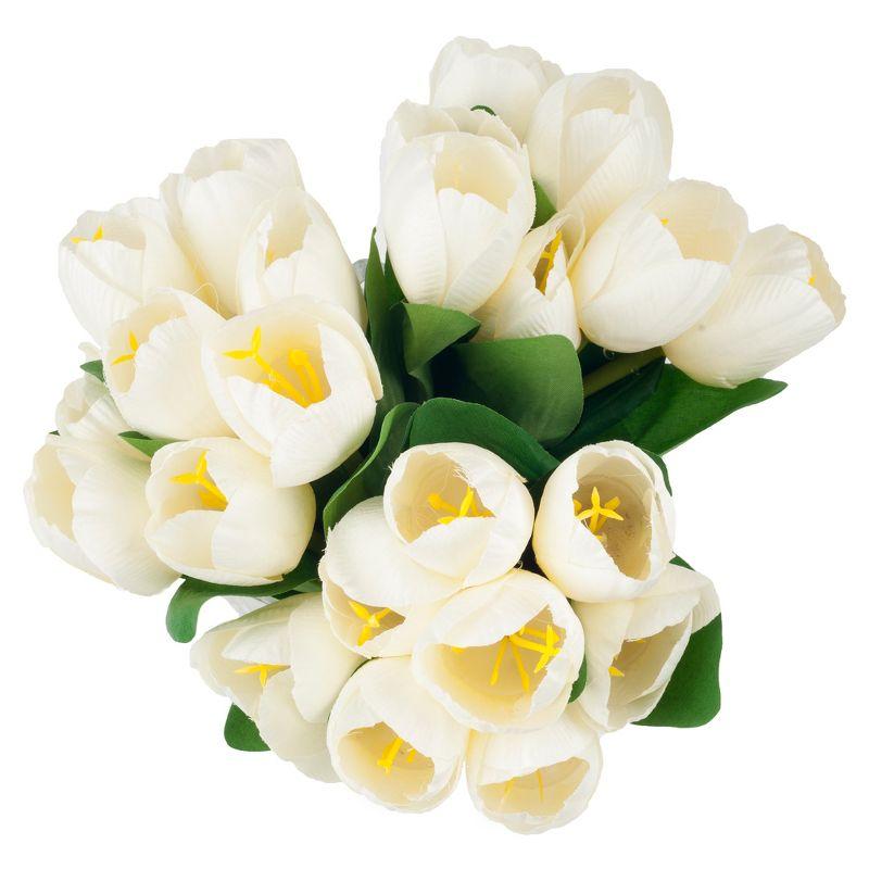 Tulip Floral Arrangement in Vase- 24 Cream Artificial Flowers with Leaves in Decorative Clear Glass Square Bowl & Faux Water for Décor by Pure Garden