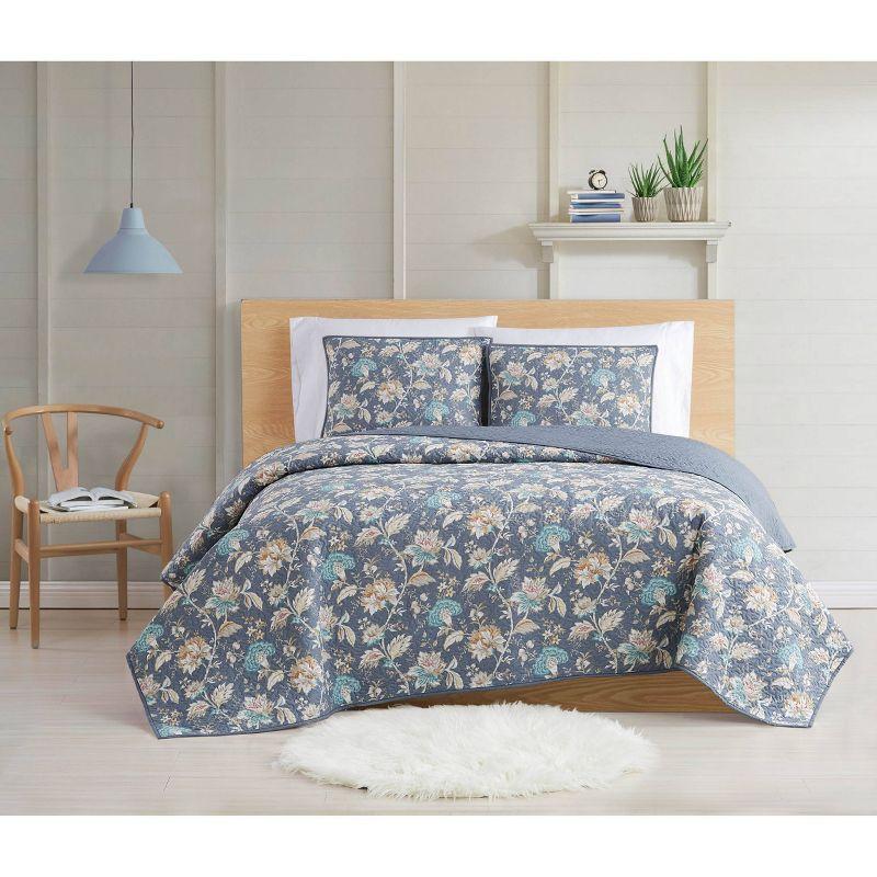 Slate Blue Floral King Cotton Quilt Set with Reversible Design
