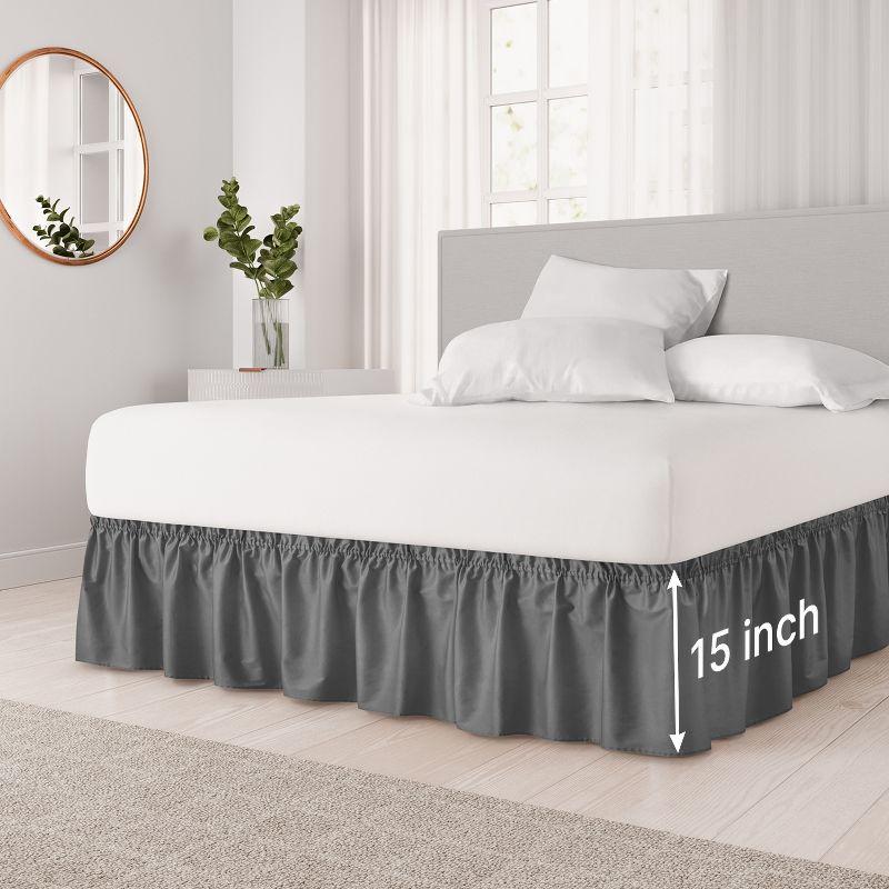 CGK Linens Elastic Wrap-Around Dust Ruffled Bed Skirt - Easy Fit with Pleated 15" Drop in Dark Grey, Size Twin