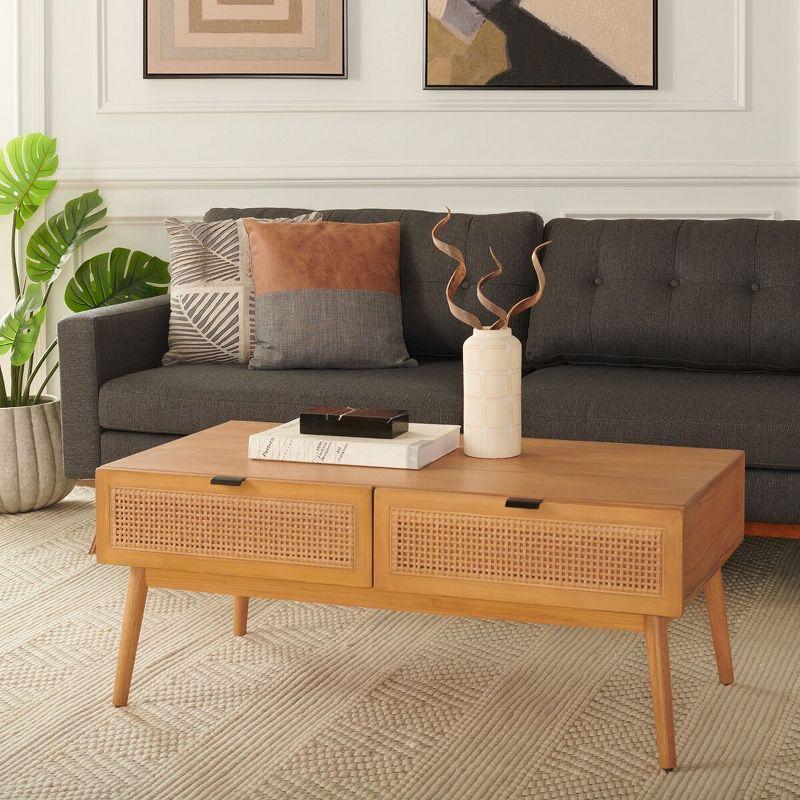 Natural Wood Rectangular Coffee Table with Woven Storage Drawers