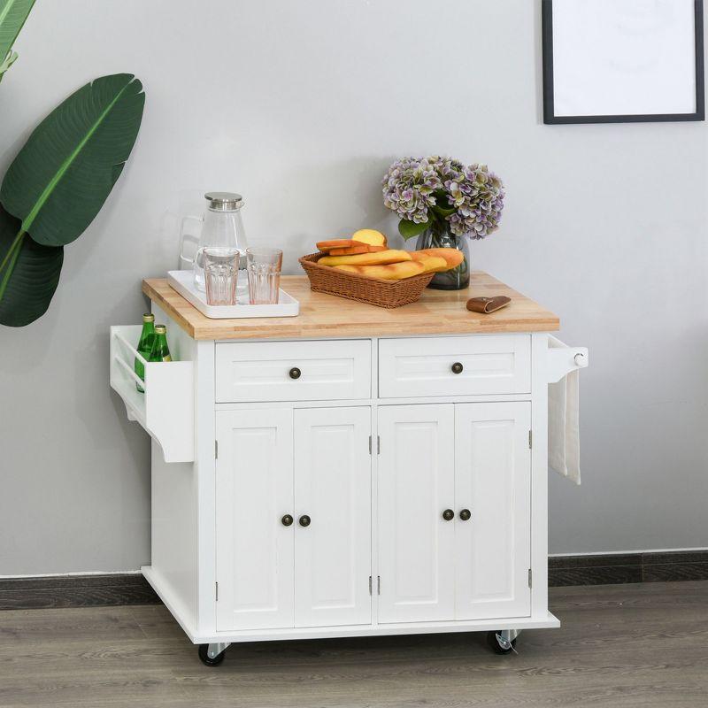 HOMCOM Kitchen Island on Wheels, Rolling Cart with Rubber Wood Top, Spice Rack, Towel Rack & Drawers for Dining Room, White