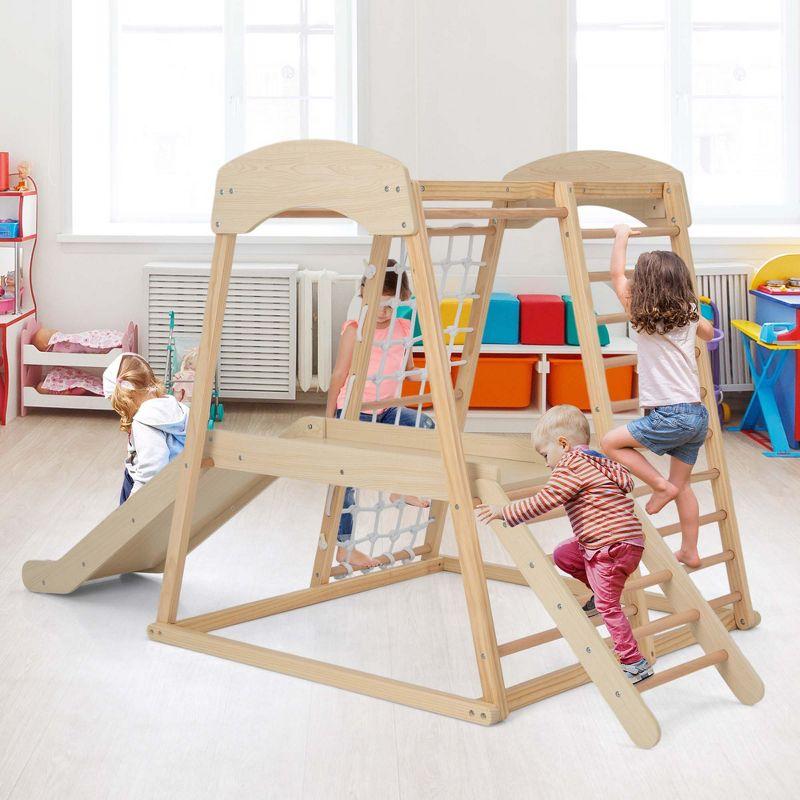 Natural Wood 6-in-1 Indoor Jungle Gym with Slide