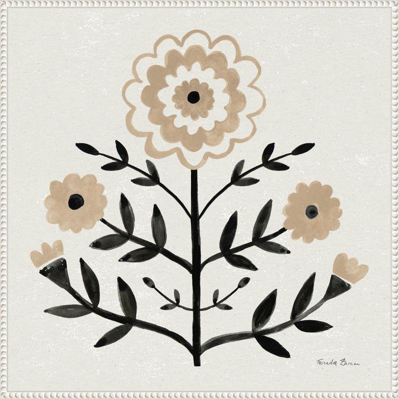 Garden Folk Flowers I Beige and Black Canvas Wall Art with White Frame