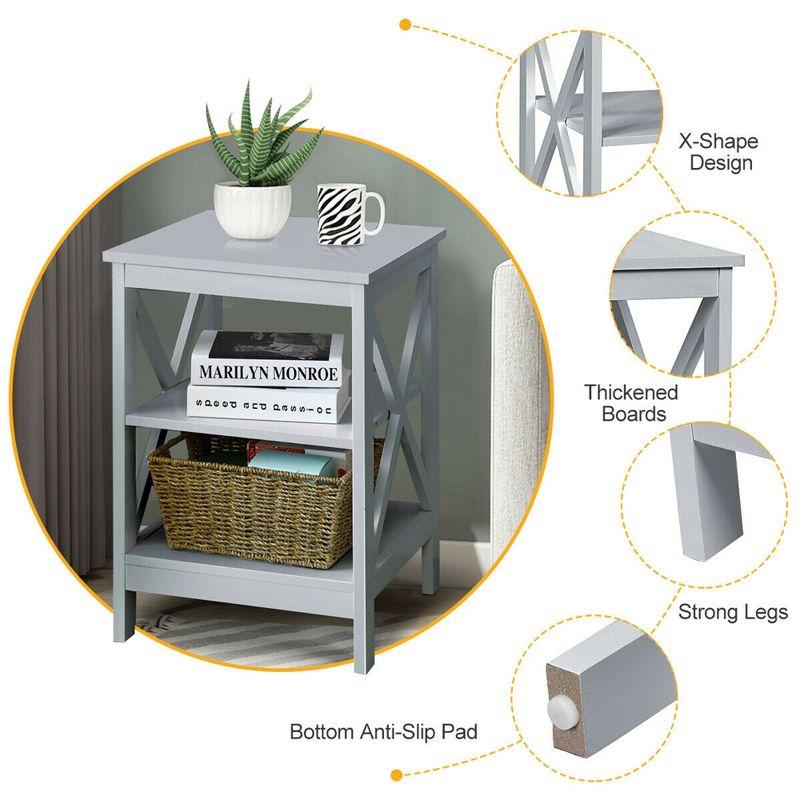 Costway 3-Tier Nightstand End Table X Design Storage Display Shelf Living Room Grey