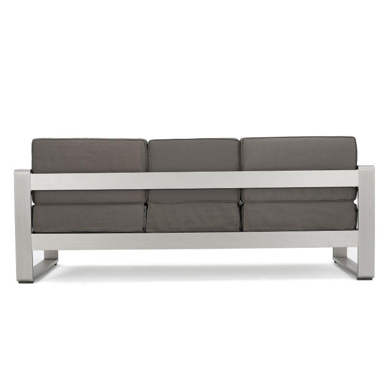 GDFStudio William Outdoor Aluminum 3 Seater Loveseat Sofa with Tray, Silver/Light Gray