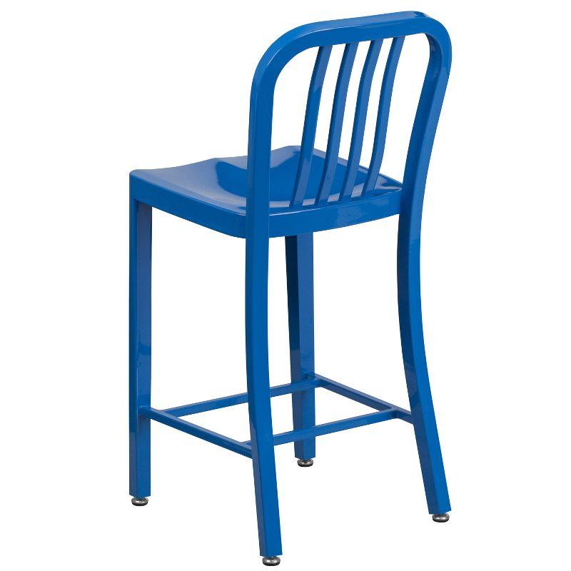 Merrick Lane Santorini 24 Inch Blue Galvanized Steel Indoor/Outdoor Counter Bar Stool With Slatted Back And Powder Coated Finish