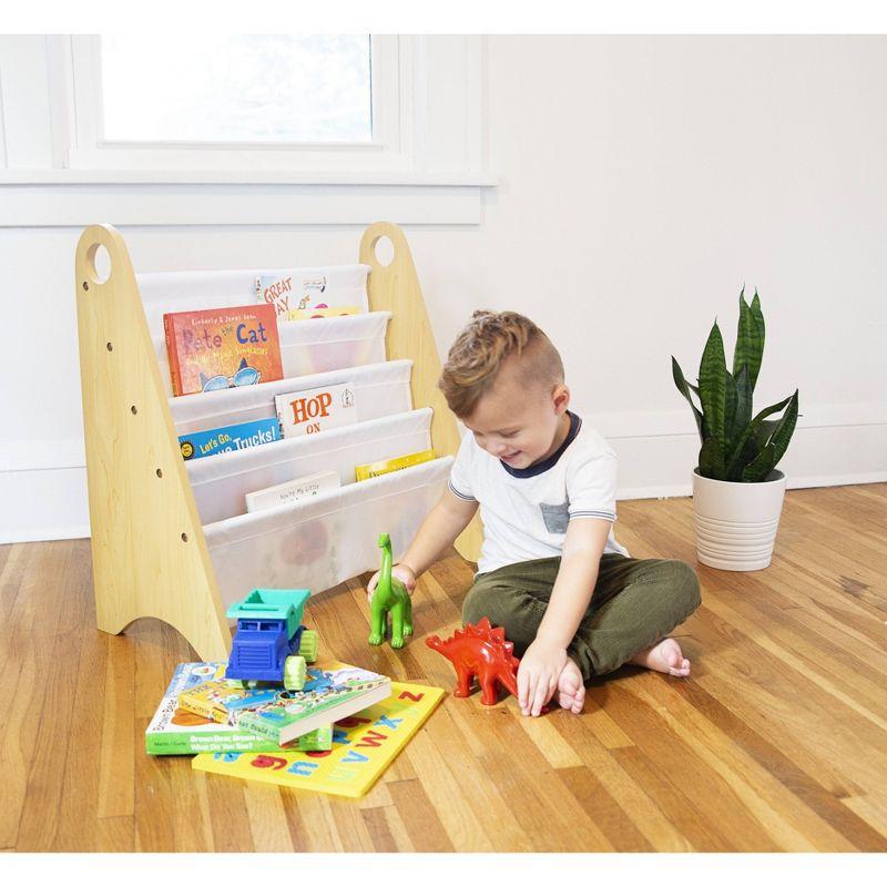 Compact White Modern Kids Sling Bookshelf with Durable Shelves