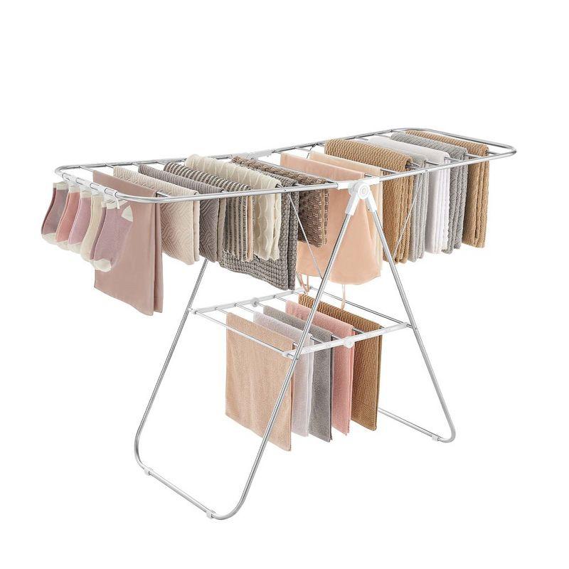 Silver and White Foldable Clothes Drying Rack with Sock Clips