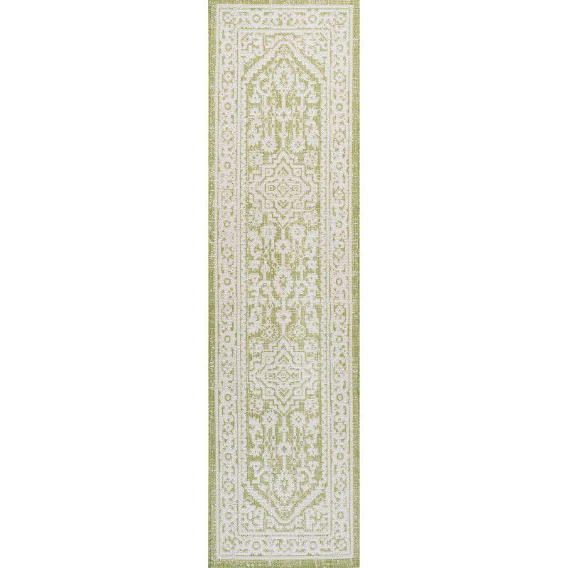 2' x 8' Sinjuri Medallion Textured Weave Indoor/Outdoor Runner Rug, Green/Cream - JONATHAN Y