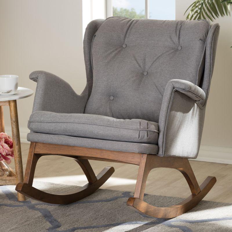 Maggie Mid Century Modern Rocking Chair: Upholstered, Walnut Finish - Baxton Studio