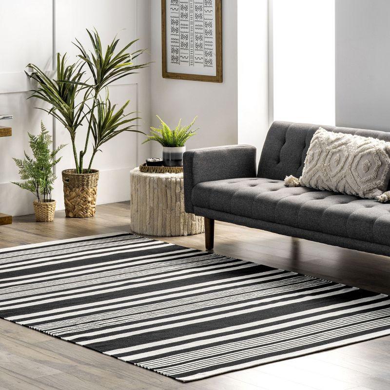 Black and White Striped Cotton Flatweave 8' x 10' Rug