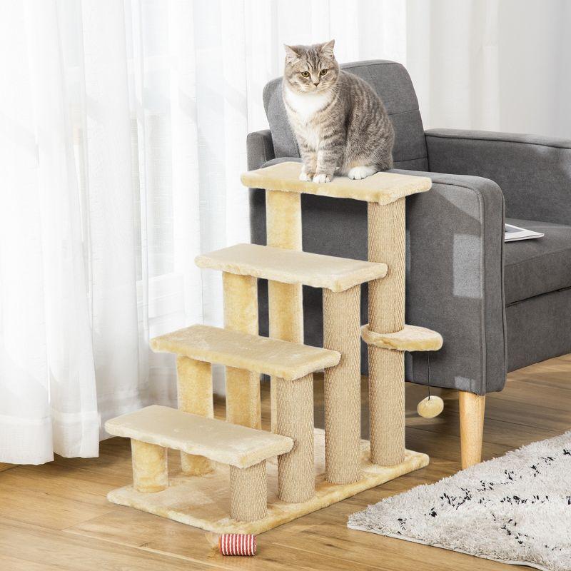 Beige 4-Level Cat Tree with Scratching Posts and Play Ball