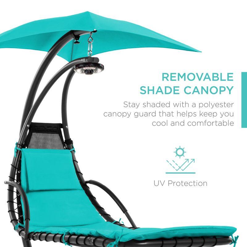 Best Choice Products Hanging LED-Lit Curved Chaise Lounge Chair for Backyard, Patio w/ Pillow, Canopy, Stand - Teal