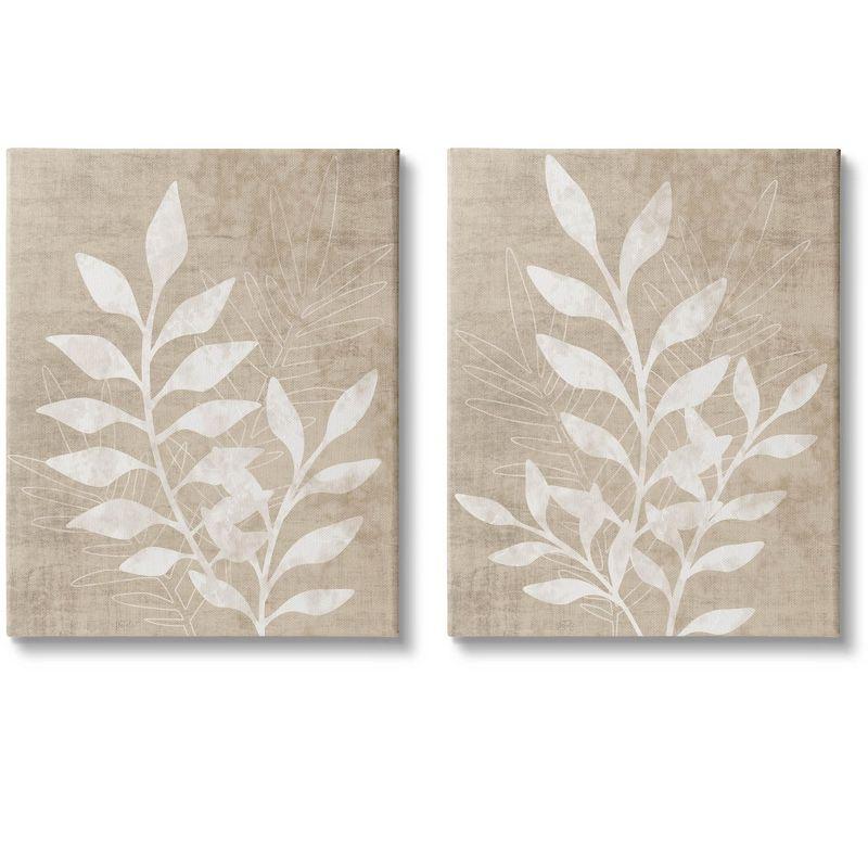 Boho Botanical Leaf Silhouette Beige Canvas Wall Art Set