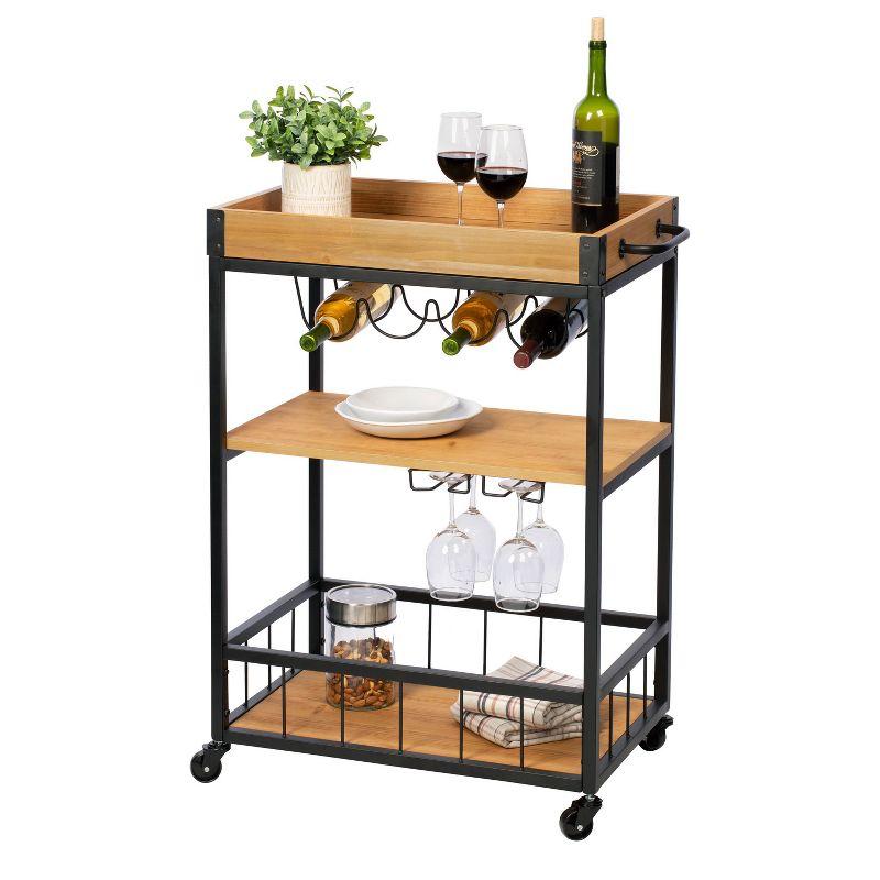 Rustic Fir & Dark Steel Rolling Bar Cart with Wine Storage