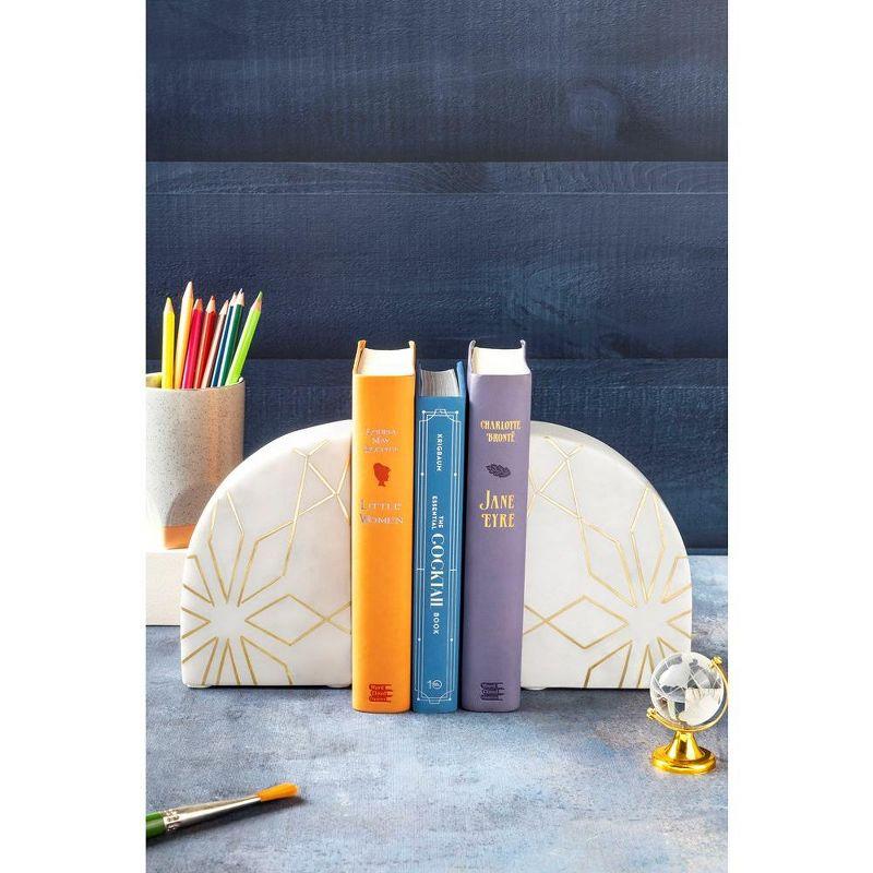 White and Gold Geometric Marble Stone Bookends, Set of 2