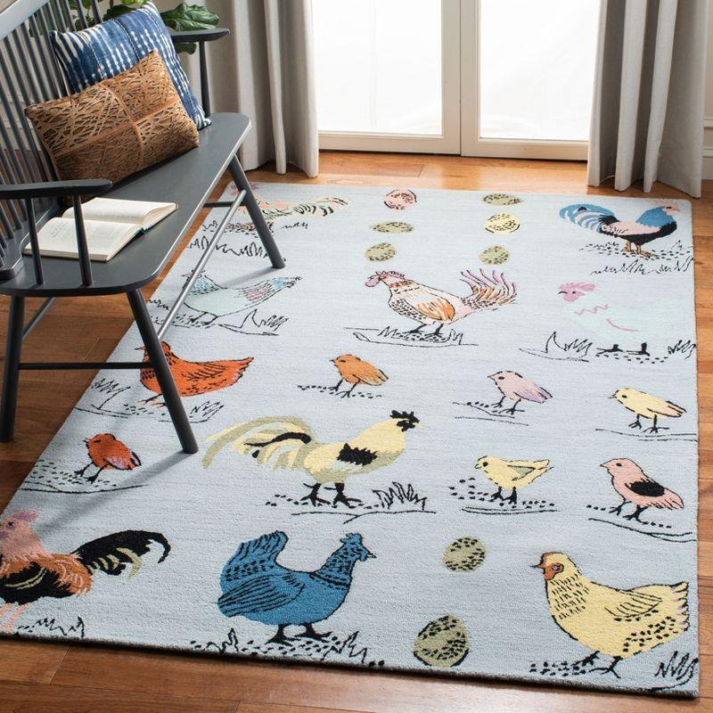 Blue Hand Tufted Wool Rectangular Area Rug with Rooster Design