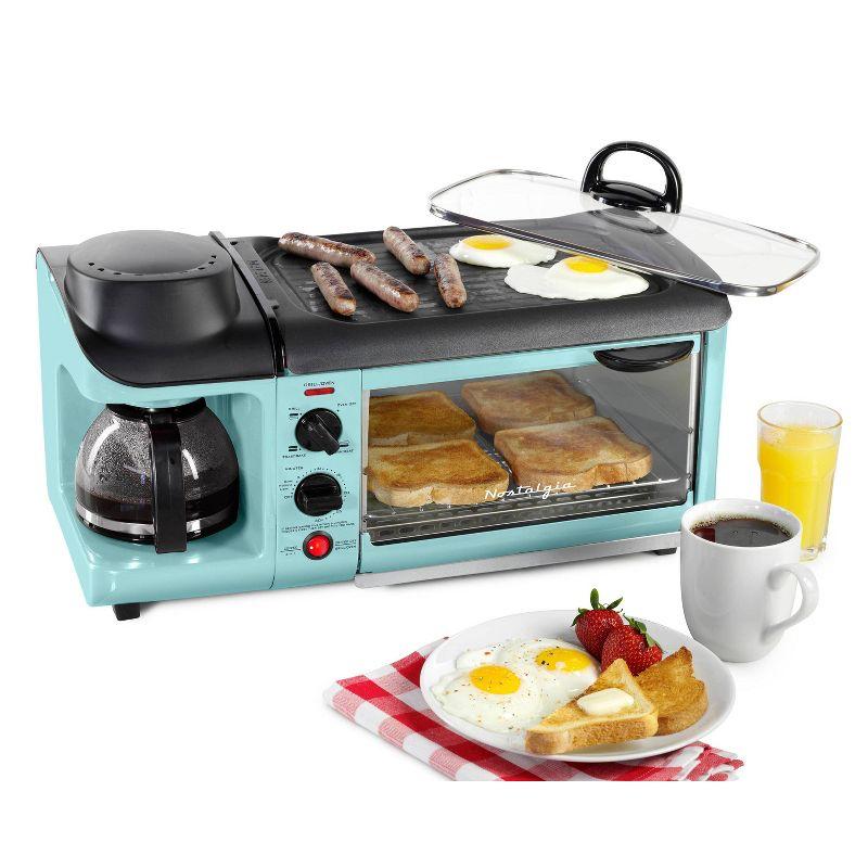 Nostalgia Electrics Retro 3-in-1 Family Size Griddle Aqua: Breakfast Station with Coffee Maker & Toaster, Ceramic Surface