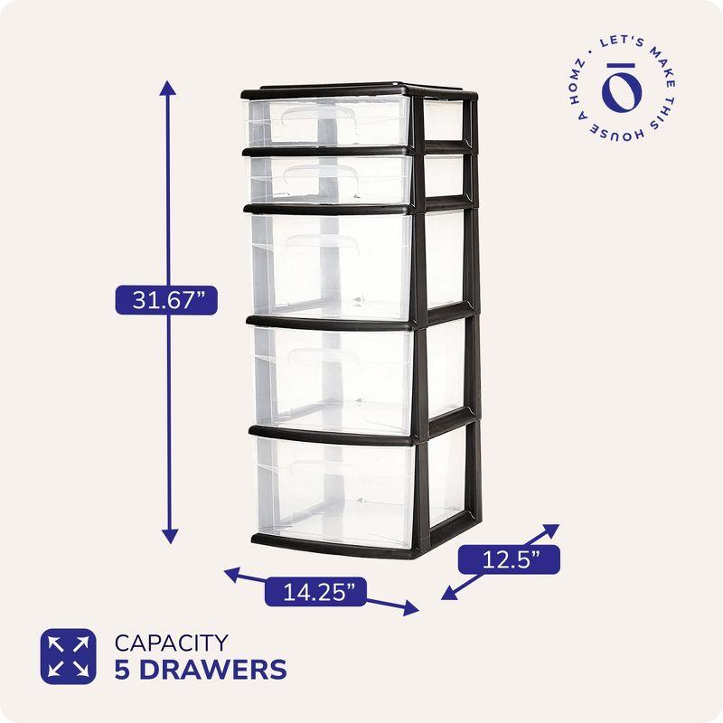 Homz Plastic 5 Clear Drawer Medium Home Closet Organizer Storage Container Tower with 3 Large Drawers and 2 Small Drawers, Black Frame