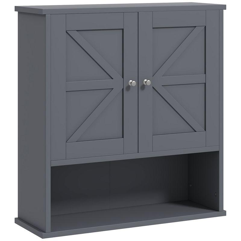 kleankin Bathroom Wall Cabinet, Farmhouse Medicine Cabinet with Open Shelf & Adjustable Shelf, Storage Cupboard for Laundry Room, Gray