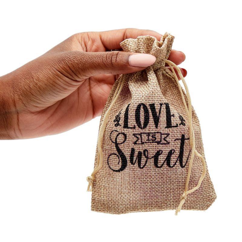 Sparkle and Bash 30 Pack Small Burlap Gift Bags with Drawstring for Wedding Party Favors, Jewelry, Love Is Sweet, 4 x 6 In