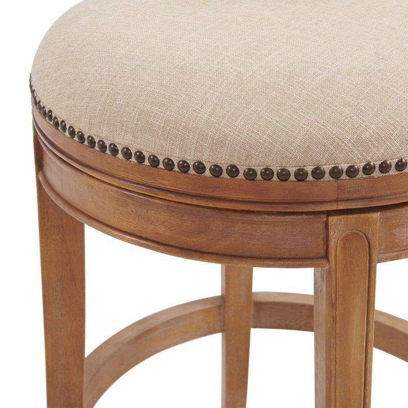 Alaterre Hanover Swivel Bar Height Stool, Weathered Brown and Beige, Solid Rubberwood Frame with Faux Linen Upholstered Seat, Nailhead Trim, Memory Return Swivel, 20 in. W x 22 in. D x 41 in. H