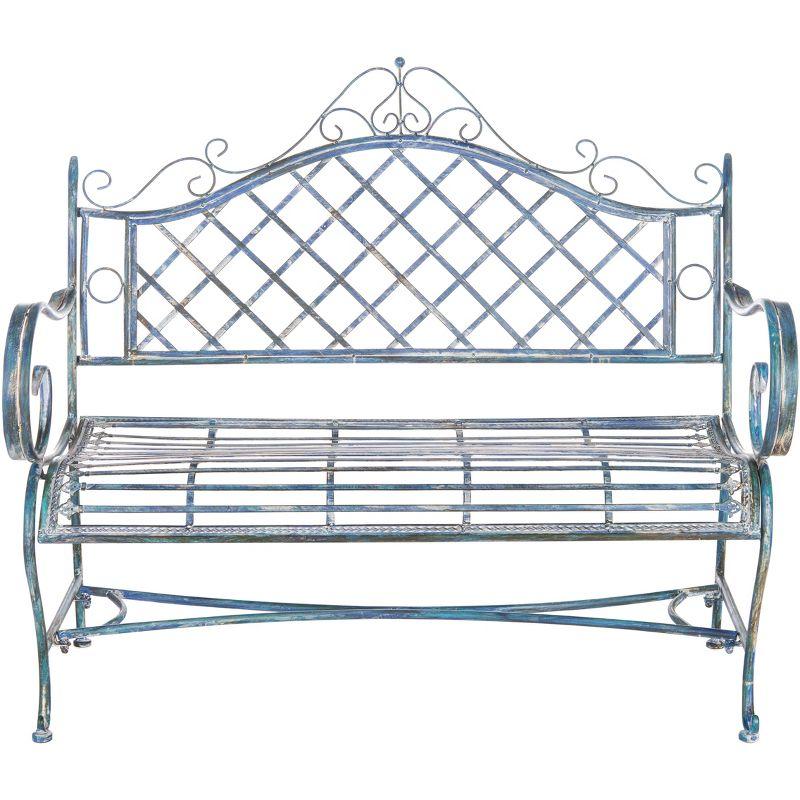 Antique Blue Wrought Iron Outdoor Garden Bench 45.75 Inch