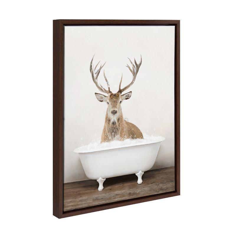 Whimsical Male Deer in Bathtub Brown Framed Canvas Art