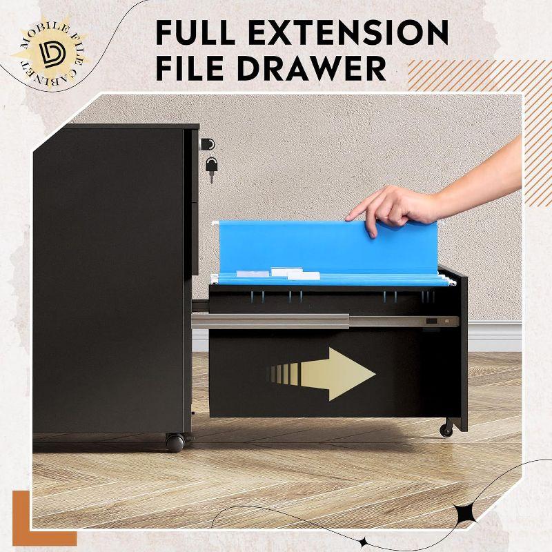 Locking File Cabinet, 3 Drawer Rolling Pedestal Under Desk Office, Fully Assembled Except Casters, Black