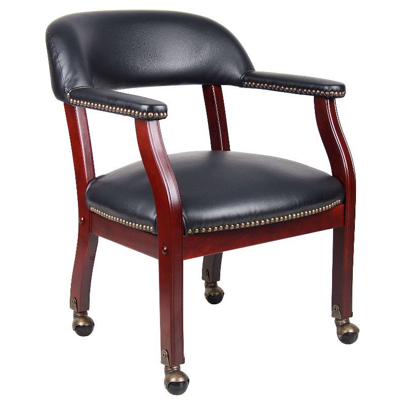 Captain's Chair with Casters Black - Boss Office Products: Mahogany Base, Vinyl Upholstery, Brass Castors