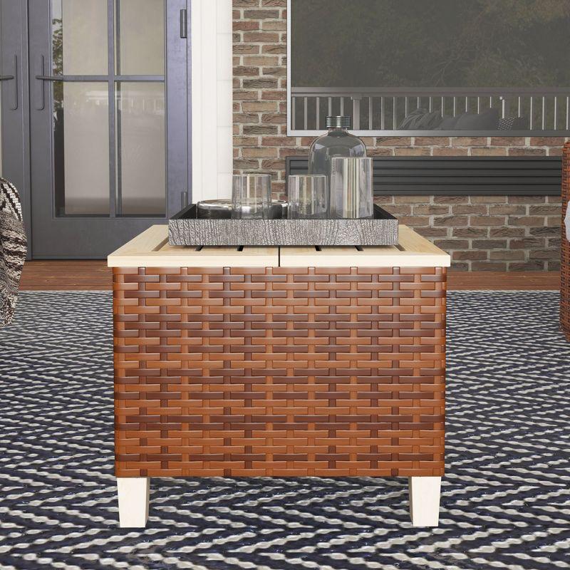 Outsunny PE Rattan Outdoor Side Table, Patio End Table with Wood Top, Brown