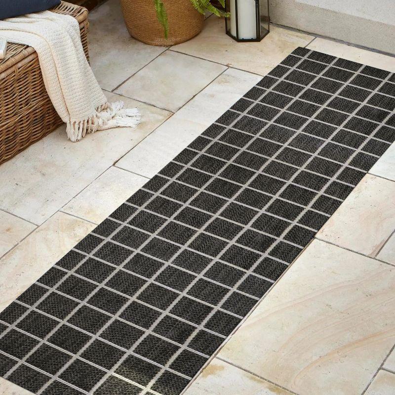 2' x 8' Grid Modern Squares Indoor/Outdoor Runner Rug, Black/Cream - JONATHAN Y