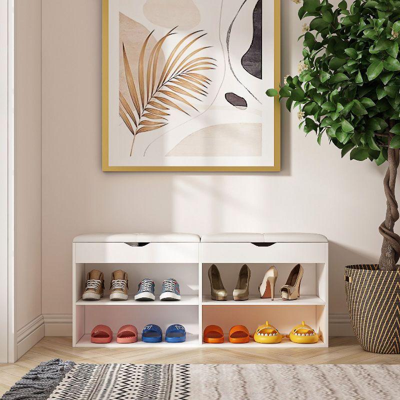 White MDF Shoe Storage Bench with Cushion and Open Shelves