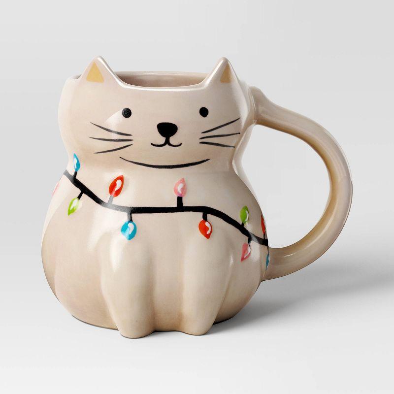 16oz Beige Ceramic Christmas Cat Mug with Lights