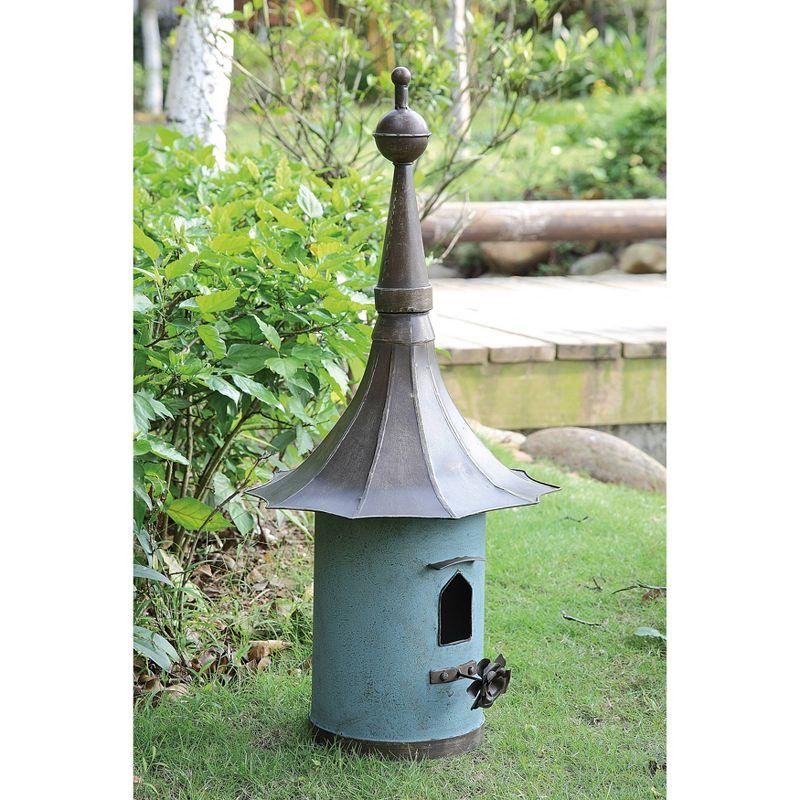 Aqua and Black Iron Freestanding Birdhouse with Flower Perch