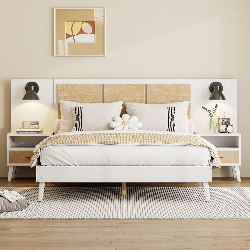 Queen Size Solid Wood Bed Frame with 2 Nightstands, Elegant Rattan and Wood Combination Platform Bed with Lamps, White - ModernLuxe