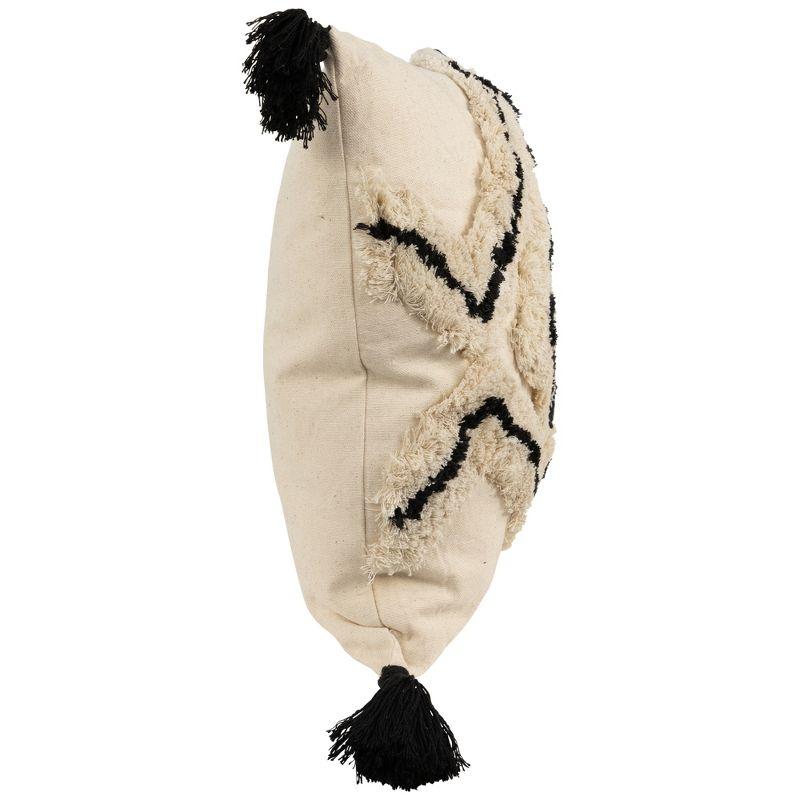 Beige and Black Boho Cotton Square Throw Pillow with Tassels