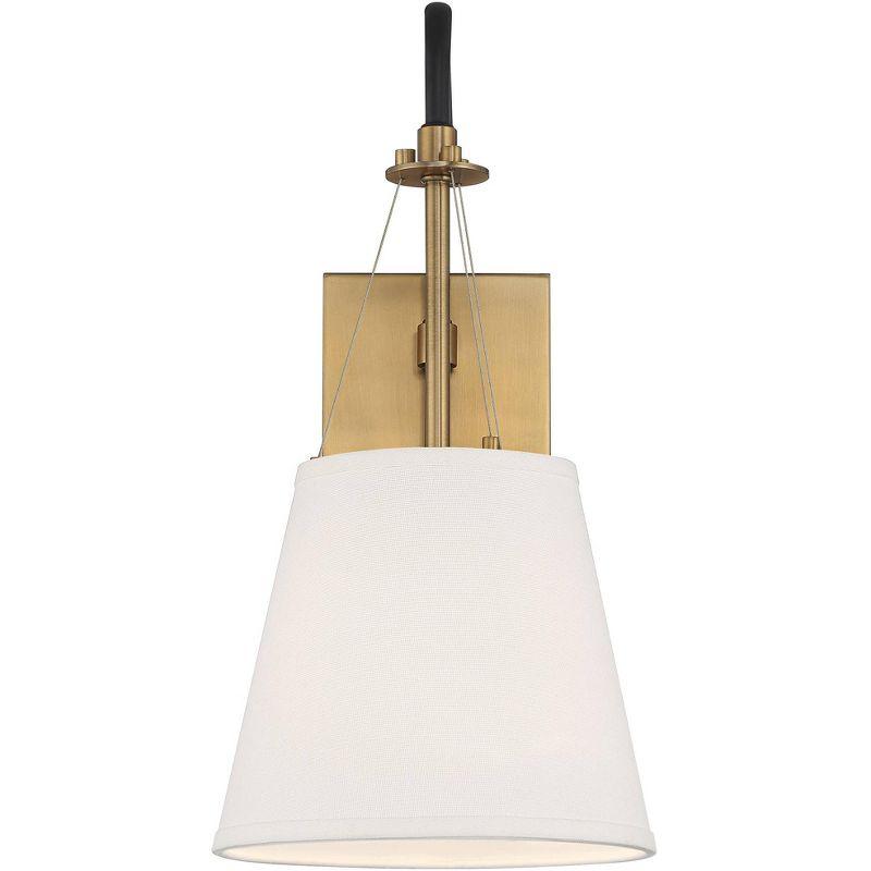 Possini Euro Design Mid Century Modern Wall Light Sconce Brass Black Hardwired 8" Fixture White Linen Shade for Bedroom Living Room