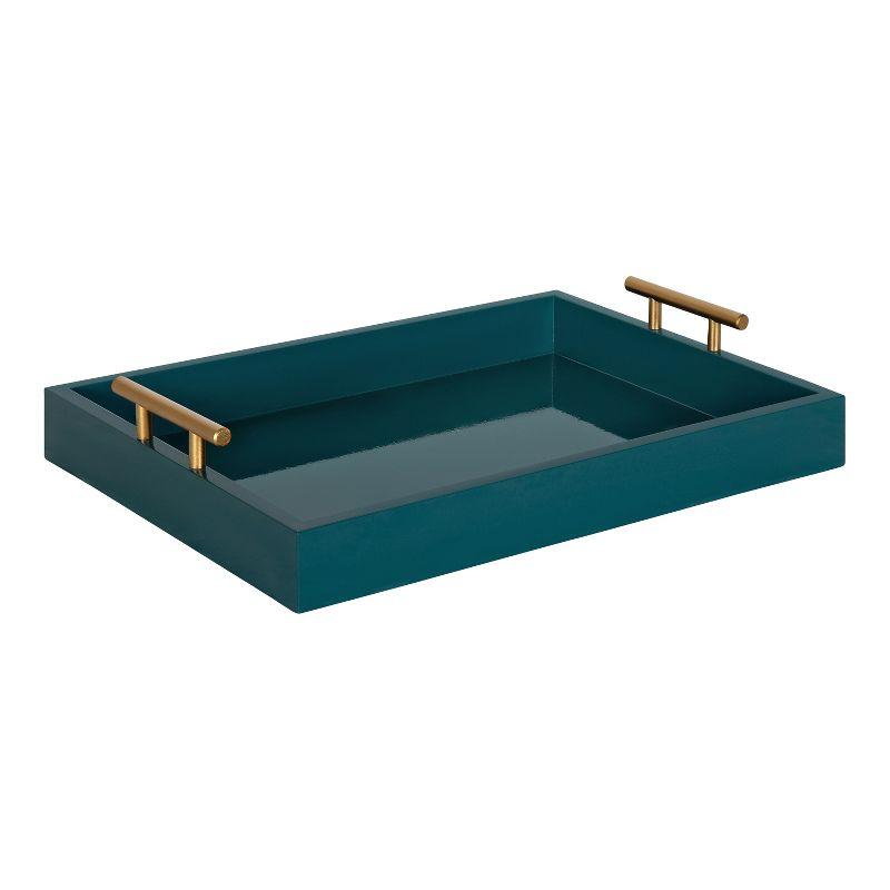 Teal Wood Tray with Brushed Gold Metal Handles