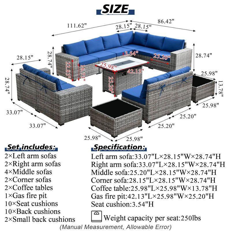 Marlton 13pc Wicker Outdoor Patio Furniture Set Conversation Sofa Set with a Rectangle Fire Pit and Cushions