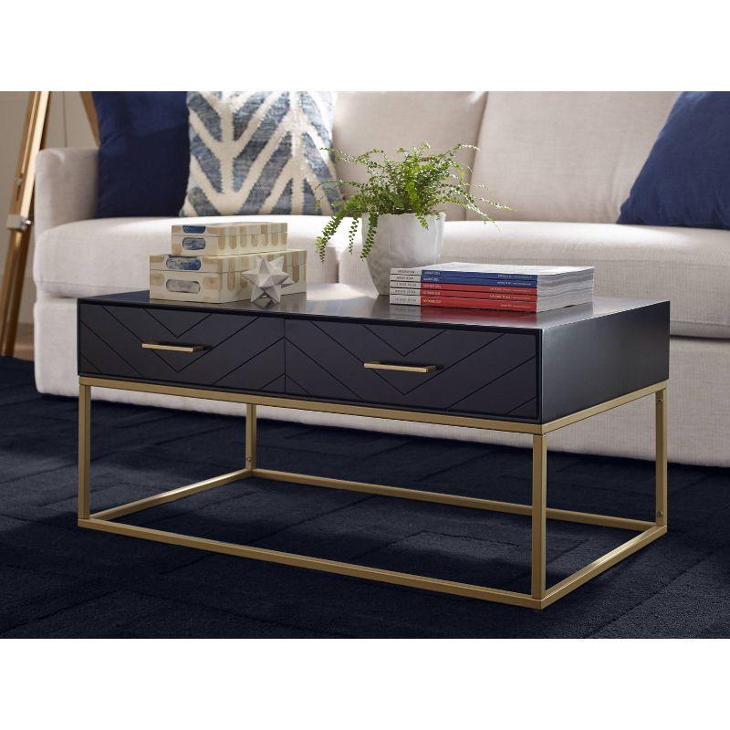 Tommy Hilfiger Ellias Modern Coffee Table with Two Drawers, Glossy Black Top, Golden Metal Frame